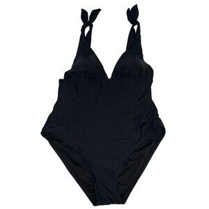 Social Angel Women's Tie Shoulder One Piece Swimsuit Solid Black Classic XL